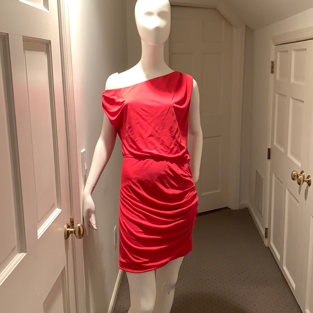 Halston heritage fitted coral red droop neck mini dress